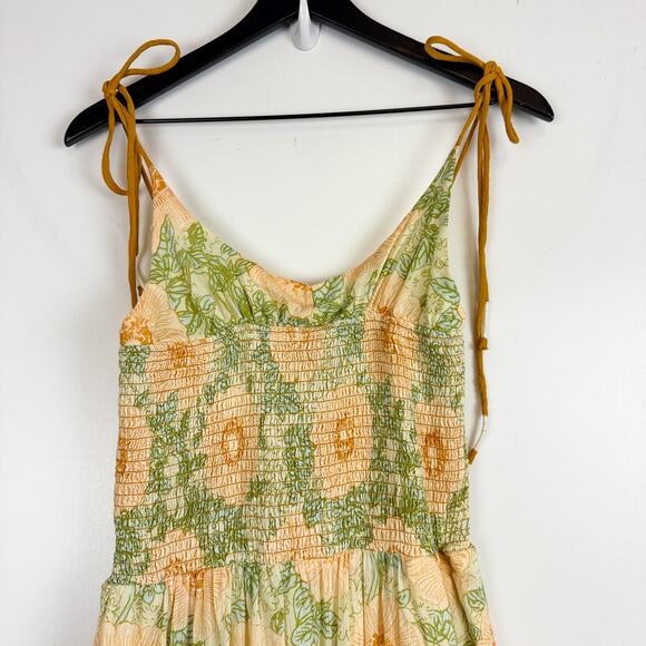 NWT Free People Adriel Midi Shirred Dress Floral Yellow Green $168 - S - Picture 3 of 10